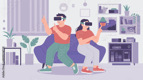 Couple wearing V R headsets interacting in a living room