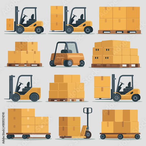 Warehouse forklift trucks loading and unloading boxes on pallets