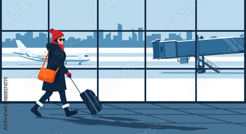 A female traveler in winter attire pulls a suitcase through an airport terminal, passing large windows with a view of an airplane and city skyline in a flat vector style