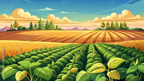Very beautiful illustration of soybeans growing across a wide North Dakota field, surrounded by golden hay rows and soft wheat patches, capturing a clean rural countryside scene with gentle natural 