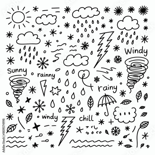 Weather forecast illustration with sun clouds rain lightning and wind doodle style drawing elements set