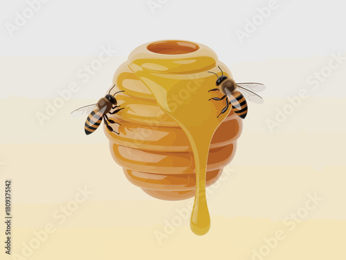 Two bees near a dripping beehive filled with golden honey