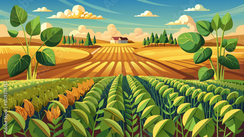 Very beautiful illustration of soybeans growing across a wide North Dakota field, surrounded by golden hay rows and soft wheat patches, capturing a clean rural countryside scene with gentle natural 