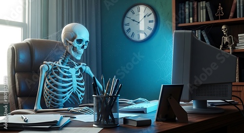 A skeleton sits at a desk, illuminated by a computer screen, symbolizing the endless wait or the drudgery of office work, a humorous yet poignant image