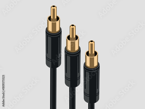 Three rca audio cables with gold plated connectors on a light background