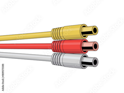 Three rca audio video cables in yellow red and white on a white background