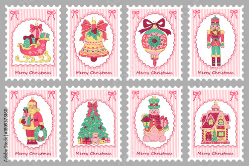 Stamp collection with vintage Christmas ornaments. Cute Santa Claus, Nutcracker, snowman, bell, gingerbread house, sleigh, Christmas tree, bauble. Greeting cards Merry Christmas. Vector illustration.