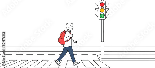 Student with backpack crossing street at crosswalk with green light signal icon