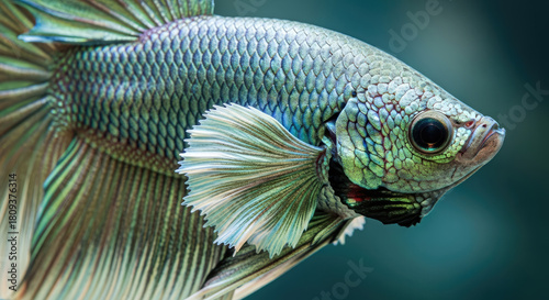 Captivating Close-Up of an Iridescent Betta Fish, Displaying Intricate Details and Vibrant Colors in a Studio Environment