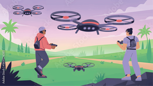 Two people flying drones in a green landscape at sunset