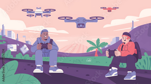 Two people flying drones in a stylized landscape remote control