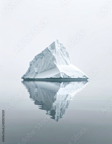 Iceberg peak mirrored on still water, misty background