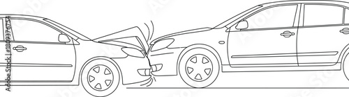 Line drawing of two cars involved in a front end collision on a white background