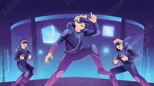 Three people wearing virtual reality headsets playing a game