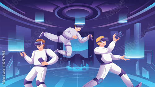 Three people in virtual reality headsets interacting with digital world