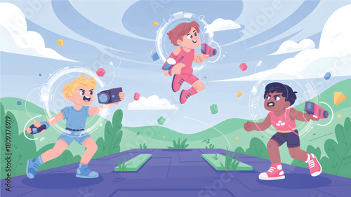 Three children playing with laser tag guns in a futuristic landscape