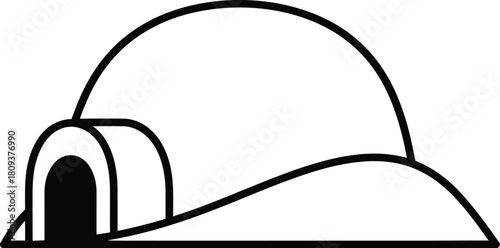 Simple line drawing of an igloo on a snowy landscape in black and white