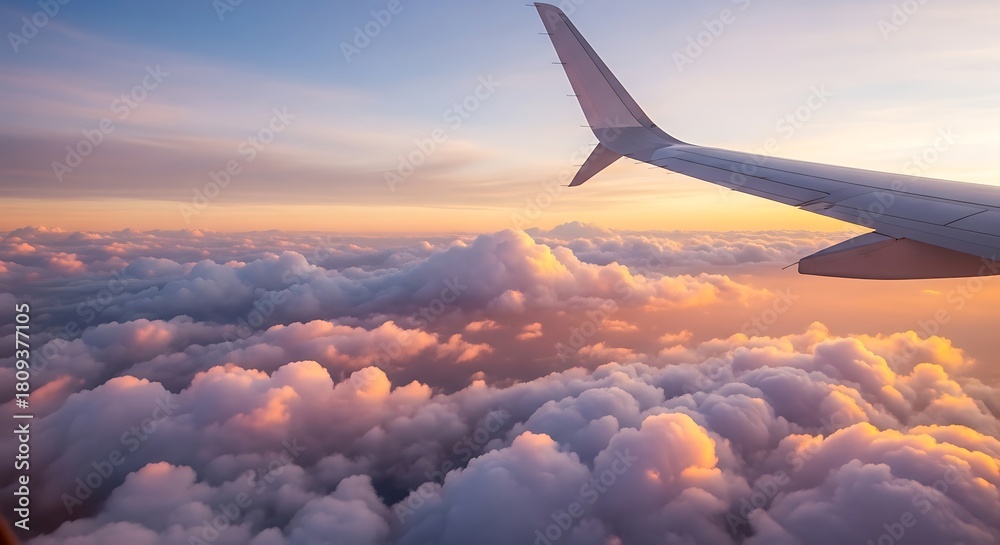 Obraz premium Airplane wing soaring above a sea of fluffy clouds at sunset, capturing the beauty and serenity of flight with warm colors and soft textures