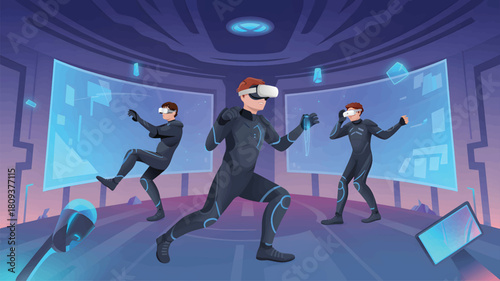 Three people in V R suits interacting with holographic displays