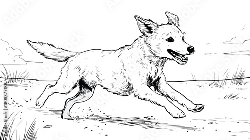 Playful Dog Running on Sandy Beach Coloring Page Vector Illustration