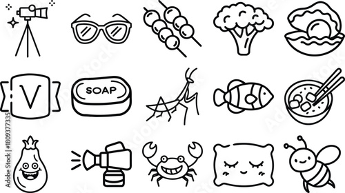 Collection of hand drawn doodle icons representing various objects and concepts in a simple line art style