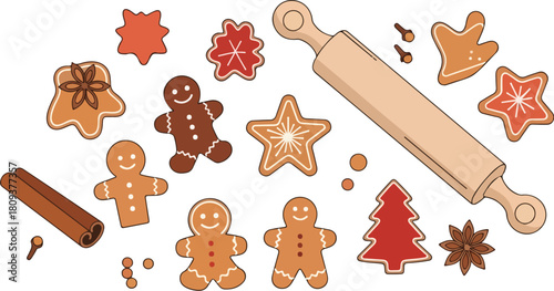 Flat lay of various gingerbread cookies and baking tools on a white background with a festive holiday theme.