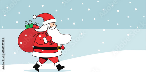 Cartoon Santa Claus walking in the snow with a large sack of presents on his back in a festive winter scene with a light blue sky.