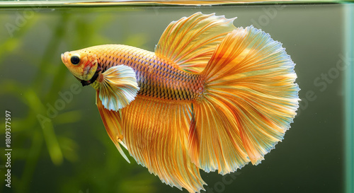 Captivating Golden Betta Fish with Exquisite Fin Display in Aquatic Environment: A Symphony of Colors and Graceful Movement