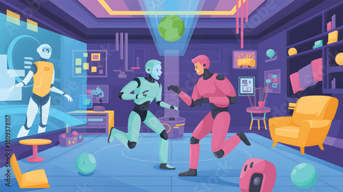Two robots running in a futuristic room with a holographic globe