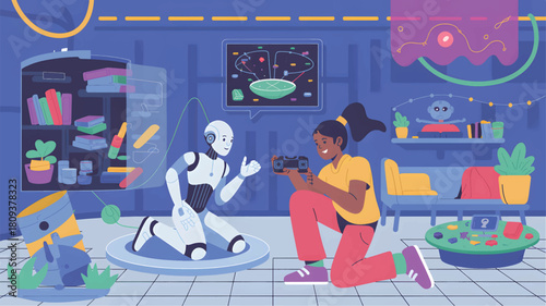 Girl and robot interacting in a colorful room with shelves