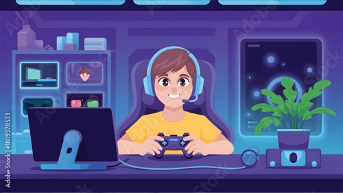 A boy is playing video games with headphones and a controller 