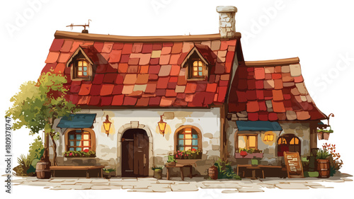Quaint Tavern with Red Tile Roof and Glowing Windows Vector Image