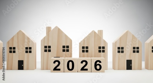 Wooden house models with '2026' blocks, representing future real estate market trends.