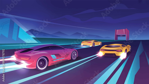 Three sports cars racing on a neon road at night vector