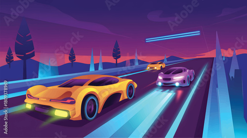 Three futuristic cars driving on a neon road at dusk