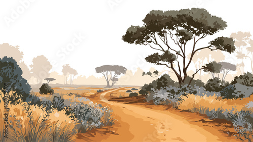 Savanna Landscape with Dirt Road and Trees Vector Illustration