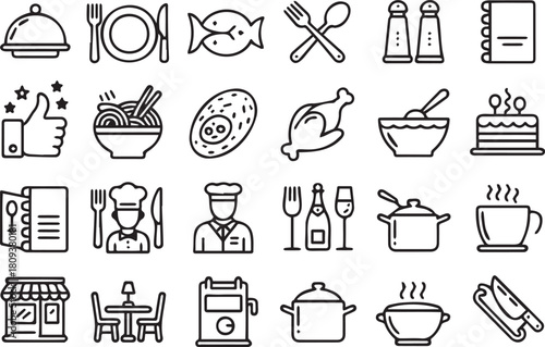 Line art icons representing food service and restaurant related elements