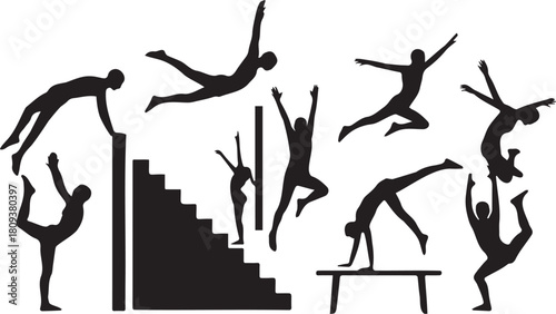 Silhouette illustration of gymnasts performing acrobatic moves and balancing acts