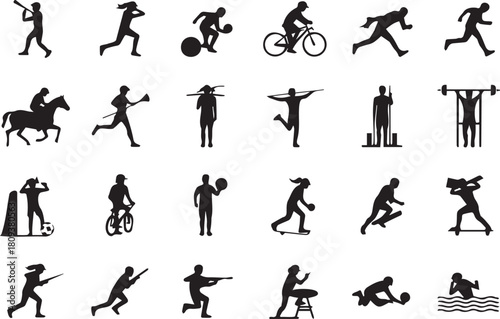 Collection of diverse sports and activities represented by black silhouette icons