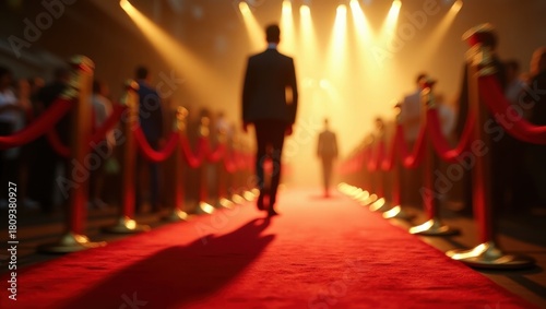Red Carpet Event with Figure Walking Towards Bright Lights and Ropes in Focus