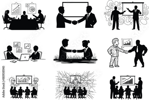 Black silhouette business meeting and handshake illustration, office teamwork presentation, leadership and communication concept, professional success strategy and corporate cooperation vector design
