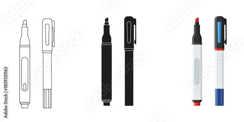 Marker Pen In Three styles vector set line art, silhouette and color version for writing instruments and office supplies