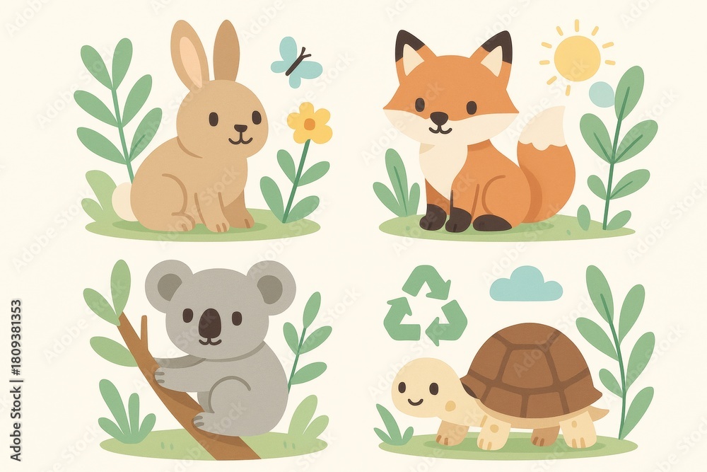 Naklejka premium Cute cartoon animals: bunny, fox, koala, and turtle in a nature scene