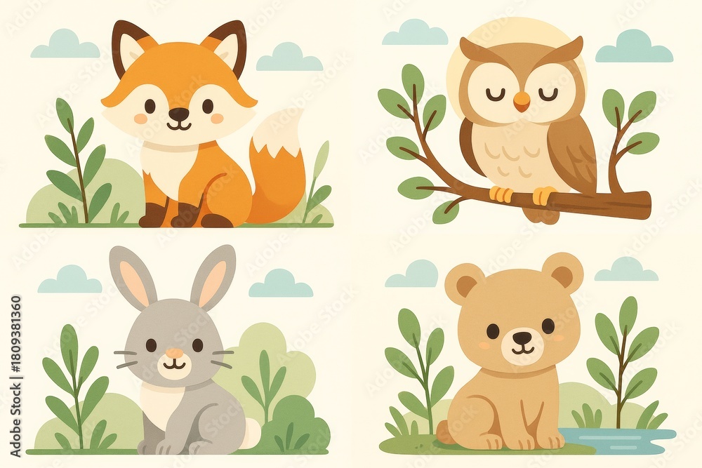 Naklejka premium Cute cartoon animals fox, owl, rabbit, and bear in a whimsical illustration