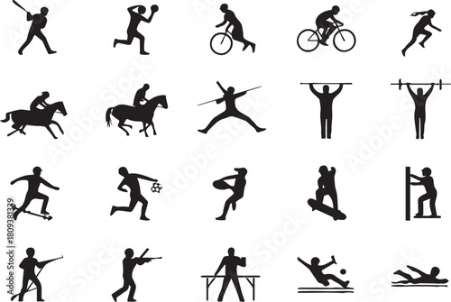 Diverse sports and activities silhouettes showcasing athletic skill and competition