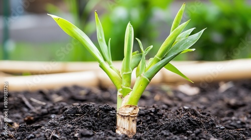 rebirth. Bamboo shoot breaking through the ground after spring rain. gardening catalogs, home-decor guides, botanical posters, designed for home decor and floral branding, used by copywriters.