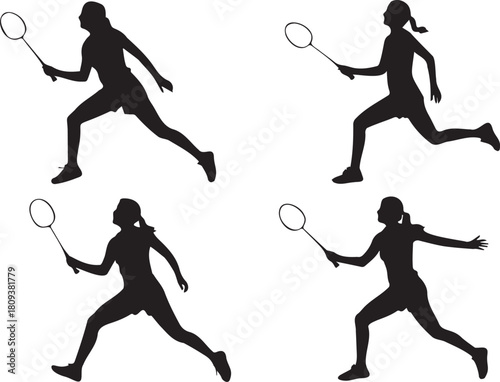 Badminton player silhouette in action poses ready to strike the shuttlecock vector art