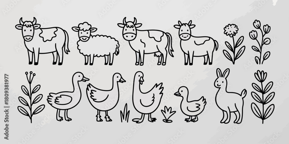 Obraz premium Charming hand drawn farm animals and plants illustration collection