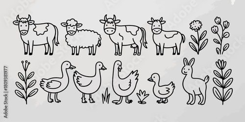 Charming hand drawn farm animals and plants illustration collection