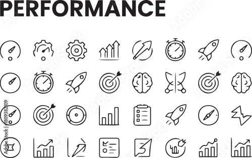 Performance icons set representing business goals and achievements in line art style